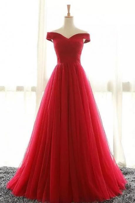 Off The Shoulder Long Red Tulle Evening Dresses