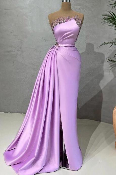 Sheer Neck Long Split Evening Gown With Beads