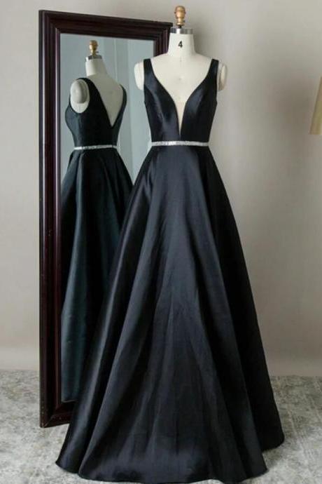 Simple A Line Satin Black Prom Dress