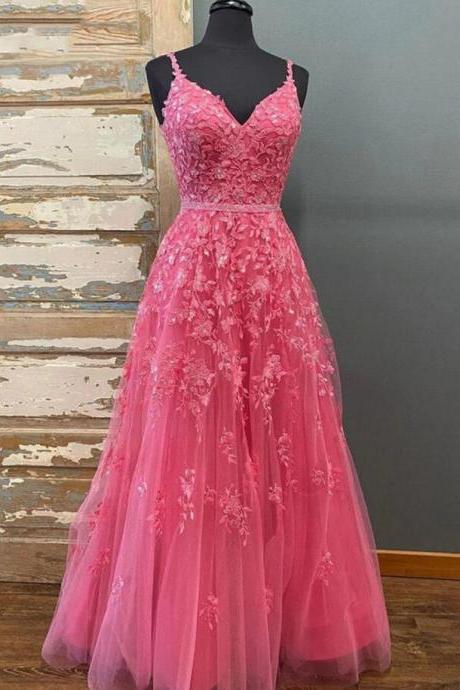 Spaghetti Strap Long V Neck Prom Dress With Appliques