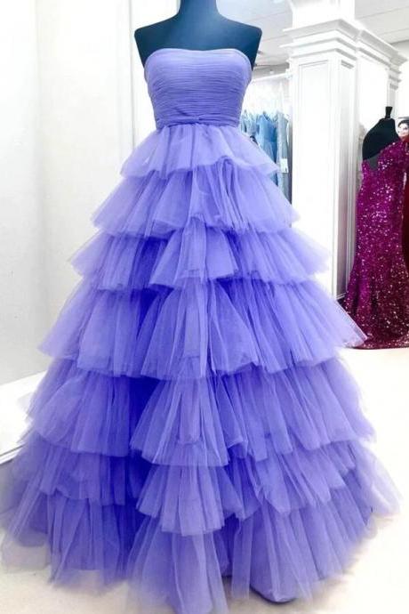 Strapless Purple Tulle Evening Gown
