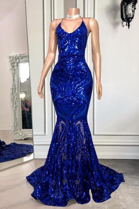 Elegant Sparkly Sequin Royal Blue Backless Prom Dresses