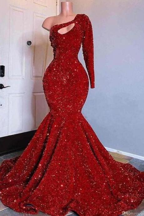 One Shoulder Red Sequined Mermaid Prom Dresses