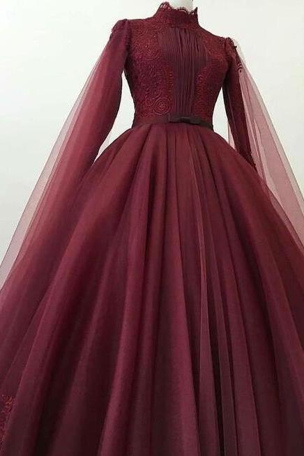 Elegant A Line Wine Red Tulle Evening Dresses