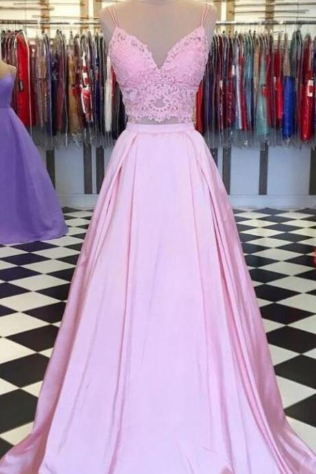 Two Piece Satin Pink Prom Dresses