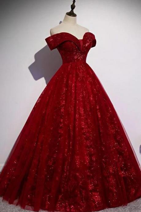 Wine Red Off Shoulder Ball Gown Prom Dress