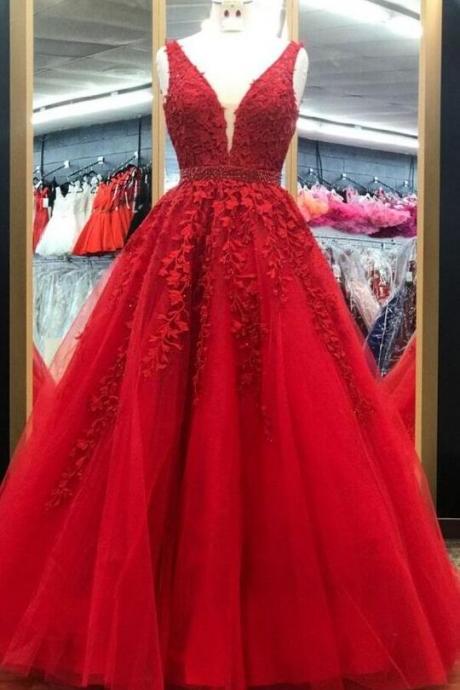 A Line V Neck Red Long Prom Dress With Beading