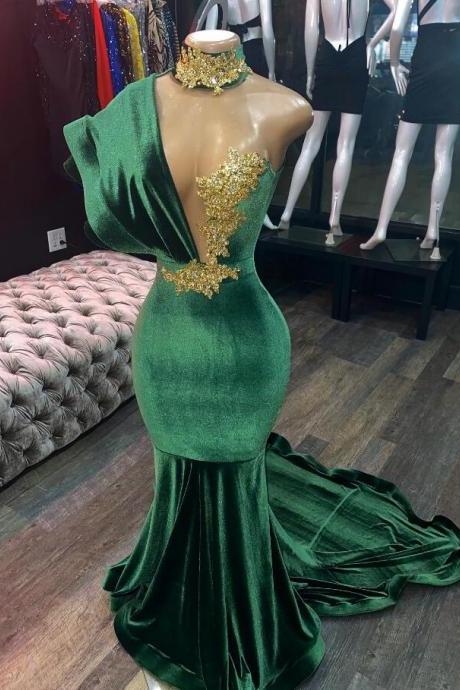 Mermaid Green Velvet Long Evening Prom Dresses