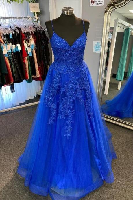 Sexy Royal Blue Appliques Deep V Neck Tulle Long Prom Dress