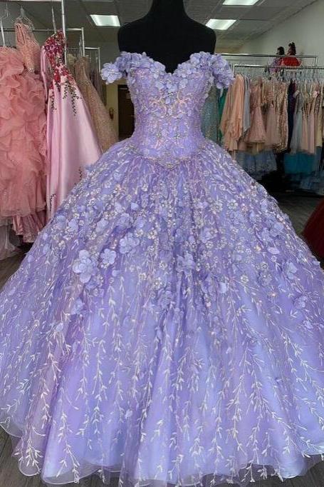 Off Shoulder A Line Purple Ball Gown Evening Dresses