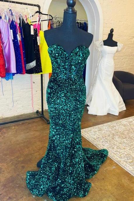 Strapless Mermaid Hunter Green Sequins Long Prom Dress