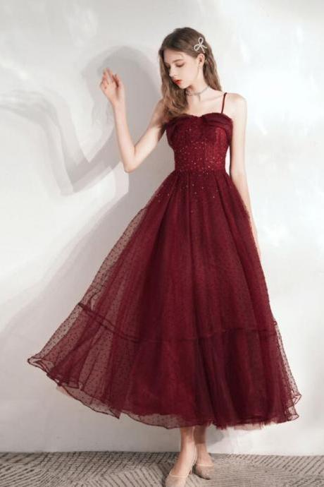 A Line Burgundy Sweetheart Tea Length Tulle Prom Dress