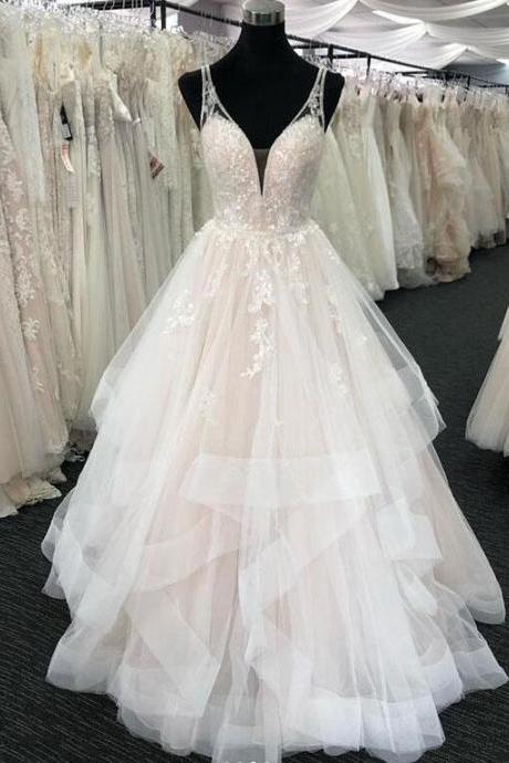 Light Champagne Tulle Ruffles Lace Wedding Dresses