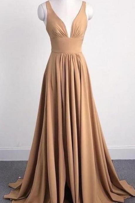 A Line Simple V Neck Gold Long Prom Dress