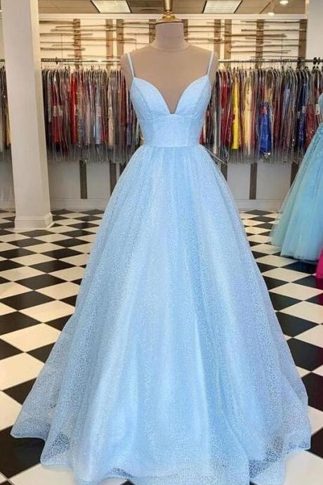 Beauty Light Blue Tulle V Neck Long Prom Dresses