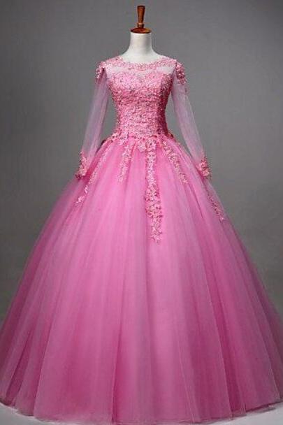 A Line Pink Lace Appliques Ball Gown Prom Dresses