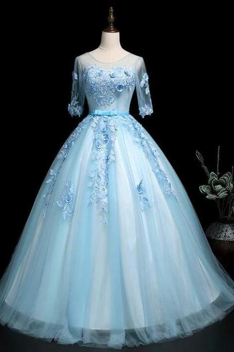A Line Round Neck Mid Sleeve Long Prom Dresses