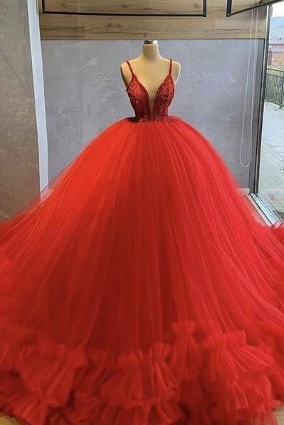 Spaghetti Straps Beading Bodice Red Tulle Evening Dress