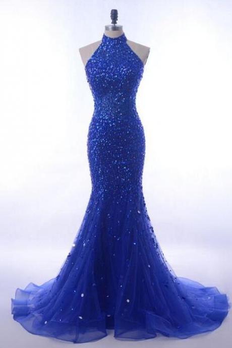 Mermaid Halter Royal Blue Prom Dresses With Beading
