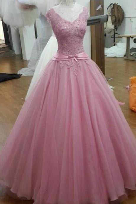 A Line Long Pink Tulle Prom Dress