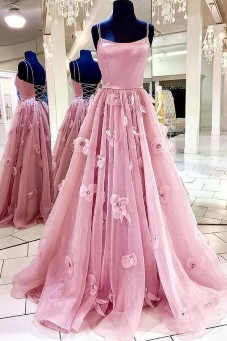 A Line Pink Tulle Long Prom Dress