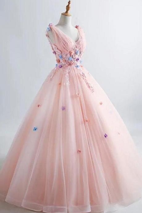A Line V-neck Prom Dress 3d Floral Applique