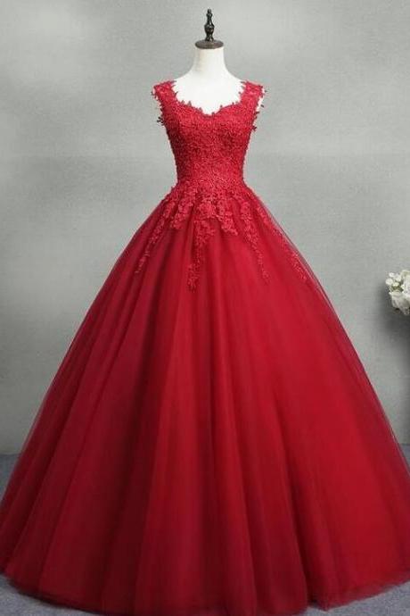 A Line Red Tulle Prom Dresses With Lace Applique