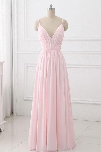 Simple Pink Chiffon Long Bridesmaid Dress