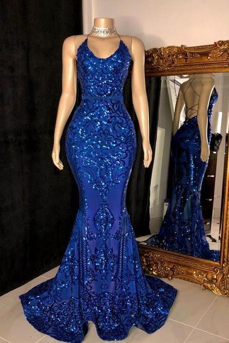 Sexy A Line Royal Blue Sequin Evening Dresses