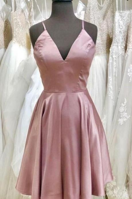 Simple V Neck Pink Short Homecoming Dress