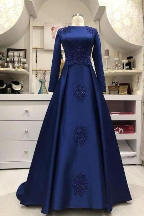 Mermaid Long Sleeve Blue Stain Evening Dress