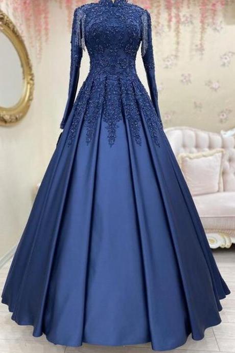 A-line Navy Blue Stain Prom Dress With Long Sleeve