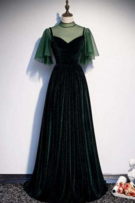 Cap Sleeve Deep Green Tulle Velvet Long Formal Prom Dress