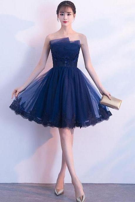 Cute Dark Blue Tulle Lace Short Prom Dresses