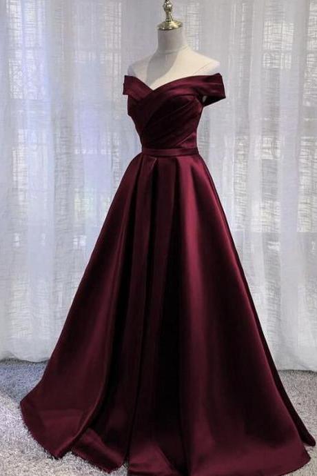 A Line Burgundy Satin Long Prom Dress