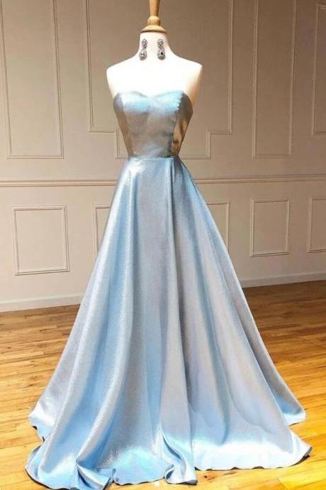 Simple Light Blue Strapless Long Prom Dress