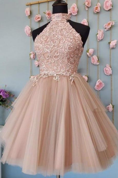 Open Back Champagne Lace Short Prom Dresses