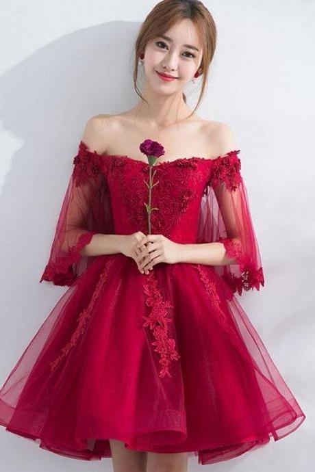 Off Shoulder Burgundy Tulle Lace Short Prom Dress