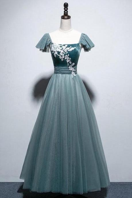 A Line Green Tulle Velvet Cap Sleeve Ankle Length Prom Dress