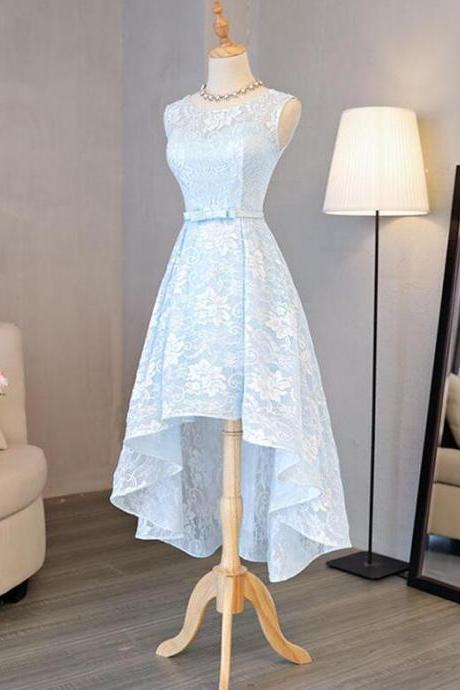 Chic Light Blue Lace High Low Prom Dresses