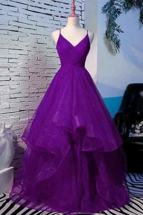 Charming A-line V Neck Purple Long Prom Dresses