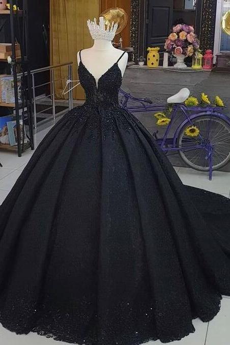 Mermaid Black V Neck Ball Gown Lace Prom Dress Evening Dresses