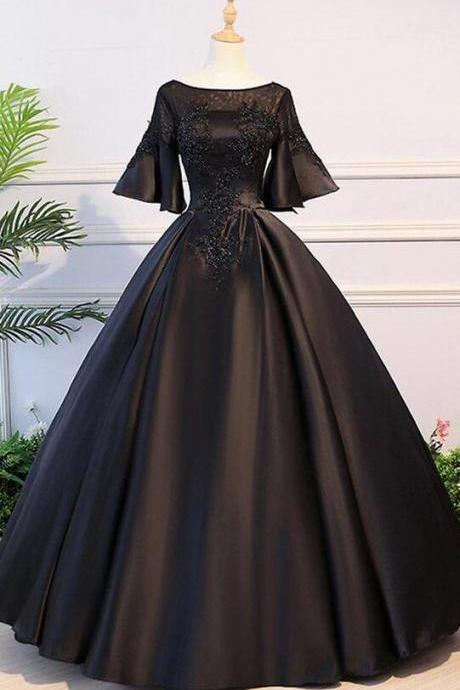 Open Back Long Applique Evening Dress With Mid Sleeve