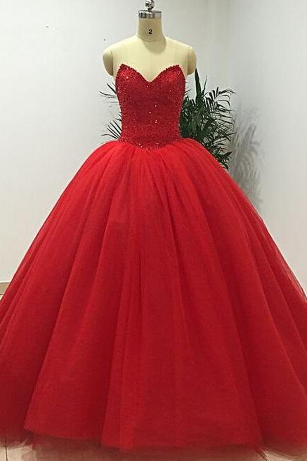 Ball Gown V Neck Long Red Beaded Prom Dresses