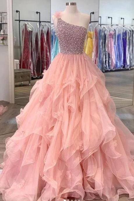 One Shoulder Long Prom Dress Pink Evening Dress With Beads