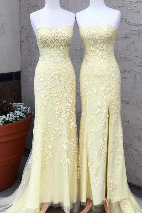 Mermaid Straps Yellow Lace Prom Dresses