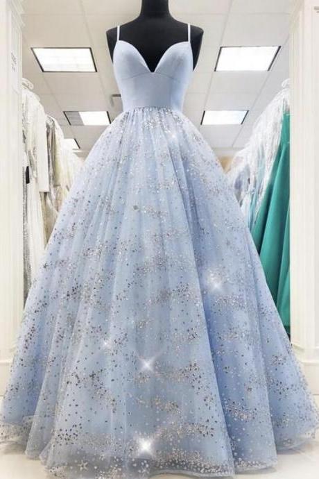 A Line Blue Tulle Sequins Long Prom Dresses