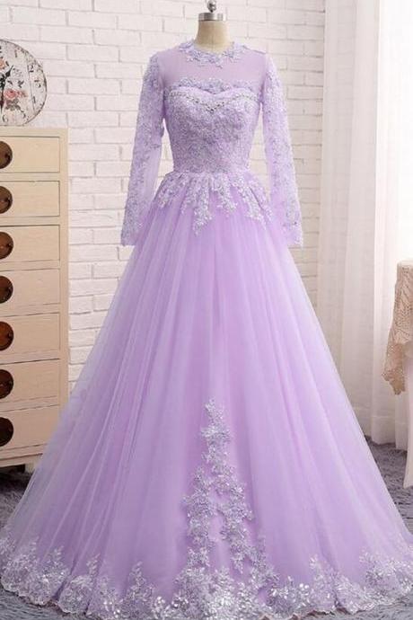 A Line Purple Long Sleeve Lace Appliqued Women Party Dresses