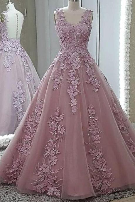 A Line Round Neck Pink Tulle Prom Dress Evening Dress