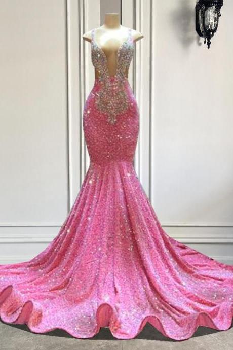 Mermaid Sparkly Luxury Long Sexy Pink Sequin Prom Dresses